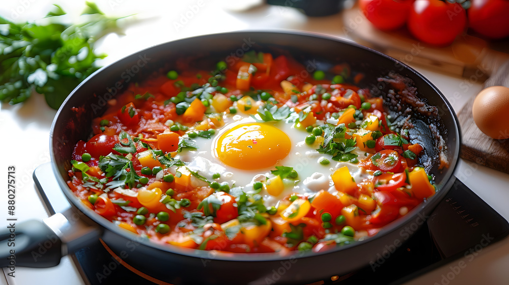 A frying pan with vegetables and an egg cooking, a healthy and delicious meal with a variety of colorful ingredients A frying pan with vegetables and an egg cooking, a healthy and delicious meal with a variety of colorful ingredients