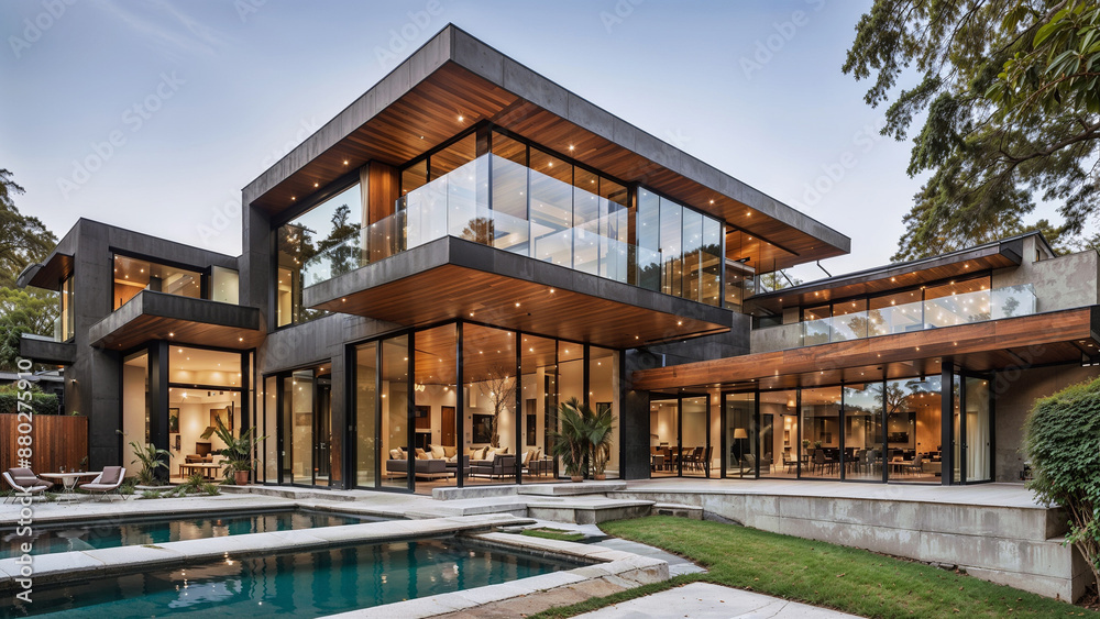 Fototapeta premium A modern home of luxury and geometric design, showcasing the harmony of wood and glass.