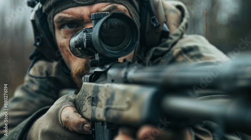 Close-Up of a Soldier Aiming a Rifle