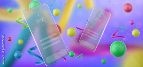 Abstract background with mobile phone screen interface on blur rectangular transparent glass floating over colorful sphere and geometric elements. Realistic 3d vector glassmorphism bg with smartphone.