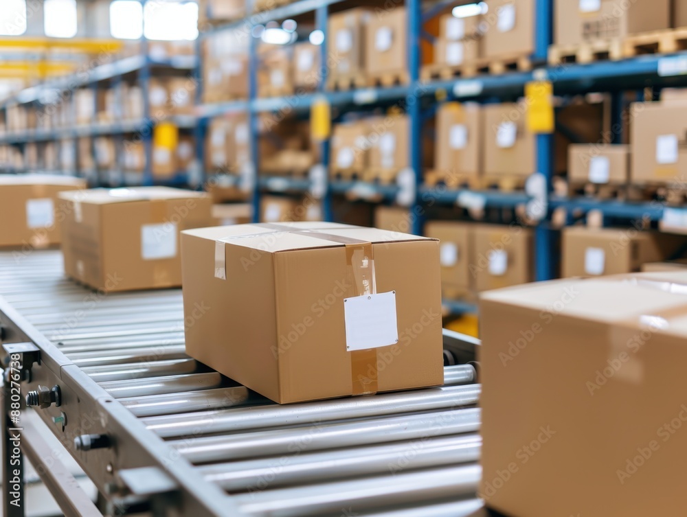 Efficient distribution center with packages on conveyor belts, Logistics and Freight, streamlined process with copy space, focus on objects, deep depth of field Efficient distribution center with packages on conveyor belts, Logistics and Freight, streamlined process with copy space, focus on objects, deep depth of field