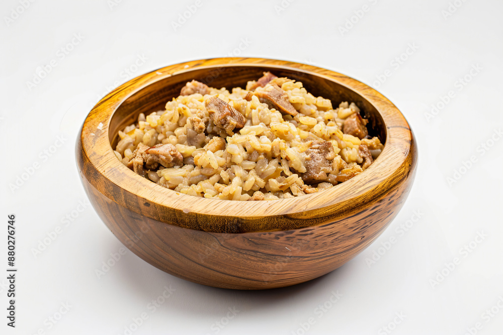 a wooden bowl filled with rice and meat a wooden bowl filled with rice and meat