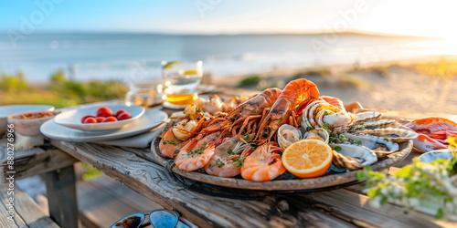 Seafood platter with a variety of shellfish served at a beachside table