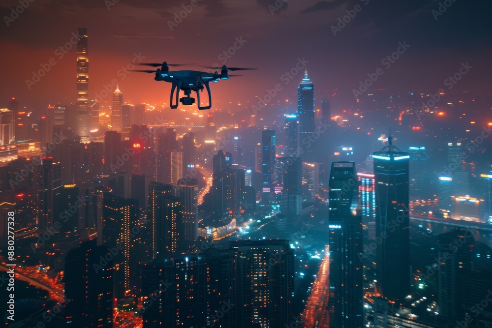 Amazing drone flying over futuristic night cityscape with modern skyline. Amazing drone flying over futuristic night cityscape with modern skyline.