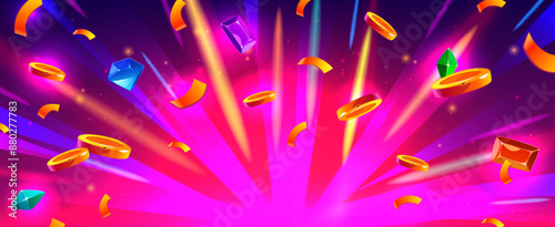 Win pink starburst background with flying golden coins, gemstones and confetti. Cartoon vector bg with explosion effect with treasure. Jackpot winner banner with neon light, splash money and jewelry.
