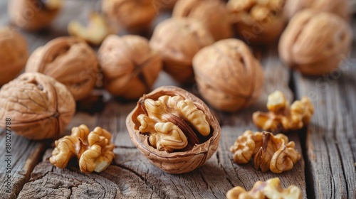 Cracked fresh walnuts on wood surface