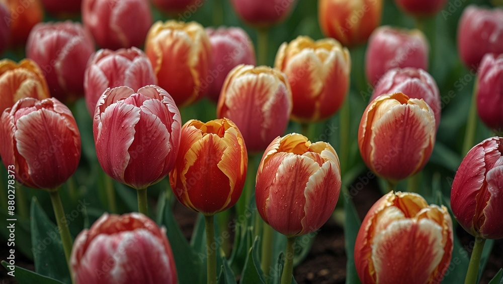 Fototapeta premium Tulip:Background: Tulips are native to Central Asia and were cultivated in the Ottoman Empire before spreading to Europe in the 16th century. They are known for their vibrant colors and distinctive cu