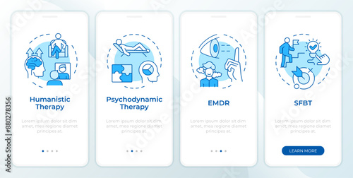 Types of therapeutic modalities blue onboarding mobile app screen. Walkthrough 4 steps editable graphic instructions with linear concepts. UI, UX, GUI template. Montserrat SemiBold, Regular fonts used
