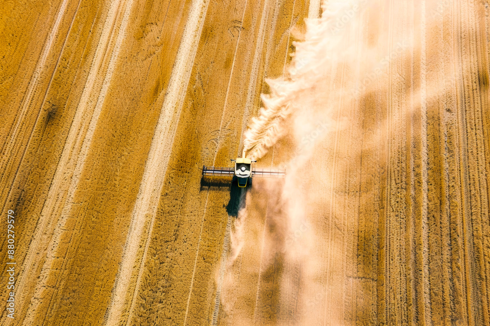 Aerial View of Combine Harvester Working in Wheat Field During Harvest Season Aerial View of Combine Harvester Working in Wheat Field During Harvest Season