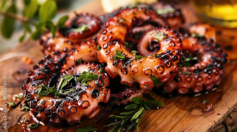 Grilled octopus with char marks and herbs on a wooden table Grilled octopus with char marks and herbs on a wooden table