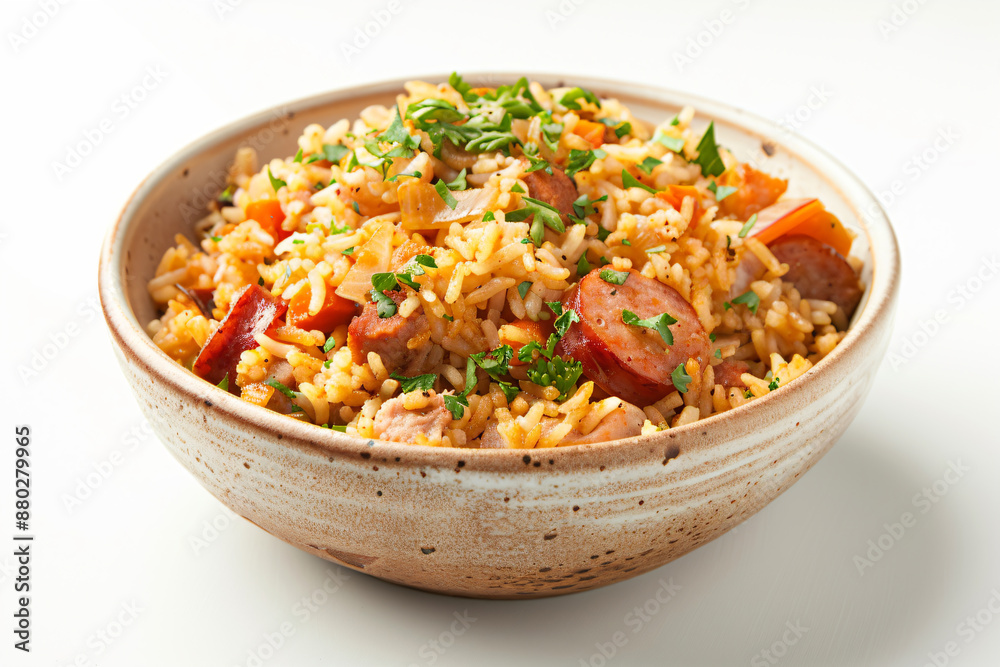 a bowl of rice with sausage and vegetables a bowl of rice with sausage and vegetables