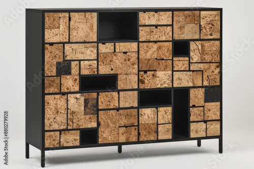 A modern, black framed cabinet with a unique design featuring numerous small, wooden panels of various sizes and shapes