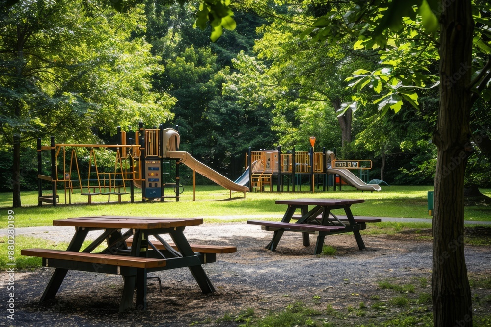 Picnic Tables in a Park with Playgrounds in the Background Picnic Tables in a Park with Playgrounds in the Background