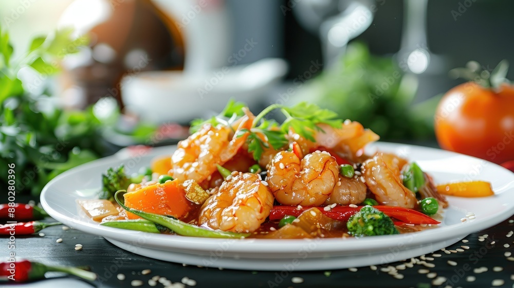 Jellyfish sesame oil dish with fresh vegetables on a white plate in a Chinese eatery Jellyfish sesame oil dish with fresh vegetables on a white plate in a Chinese eatery