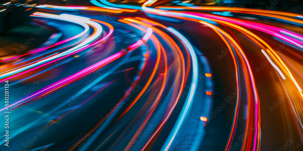 Long Exposure Night City Traffic Light Trails Creating Vibrant Abstract Patterns