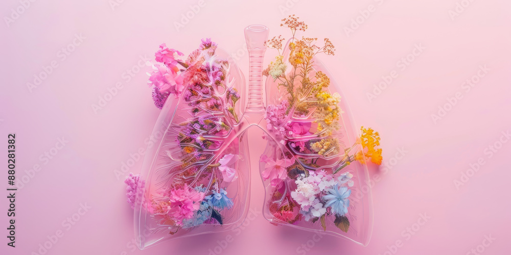Obraz premium Human Lungs with Colorful Flowers on Pink Background, Symbolizing Health and Wellness