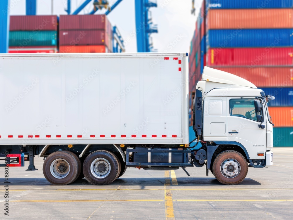 Cargo-ready truck at port, with copy space, covering all objects, deep depth of field. Cargo-ready truck at port, with copy space, covering all objects, deep depth of field.