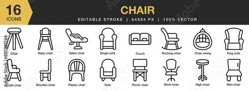 Set of 16 Chair icon set. Editable Stroke Icon Collection. Includes baby chair, chair swing, king sofa, high chair, picnic chair, and More. Outline icons vector collection.