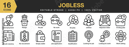 Set of 16 Jobless icon set. Editable Stroke Icon Collection. Includes empty wallet, finding jobs, no jobless, qualification, resign, and More. Outline icons vector collection.