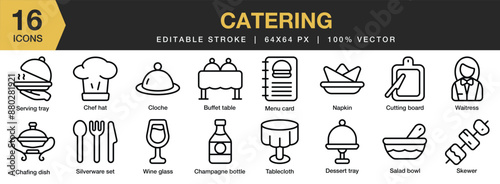 Set of 16 Catering icon set. Editable Stroke Icon Collection. Includes buffet table, cloche, chef hat, menu card, napkin, and More. Outline icons vector collection.