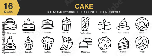 Set of 16 Cake icon set. Editable Stroke Icon Collection. Includes apple strudel, biscuit, croissants, donuts, ice cake, and More. Outline icons vector collection.