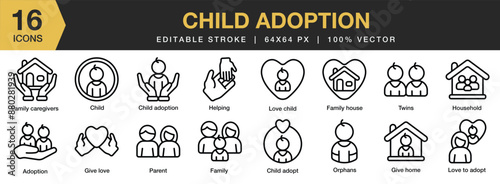 Set of 16 Child Adoption icon set. Editable Stroke Icon Collection. Includes adoption, family house, family, helping, twins, and More. Outline icons vector collection.