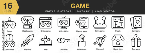 Set of 16 Game icon set. Editable Stroke Icon Collection. Includes video game, diamond, card game, adventure game, box game, console and More. Outline icons vector collection.