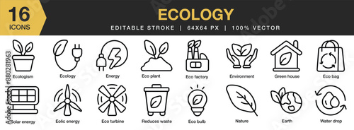 Set of 16 Ecology icon set. Editable Stroke Icon Collection. Includes eco plant, eco turbine, green house, nature, earth, and More. Outline icons vector collection.