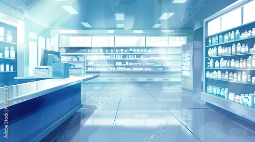 Interior of a pharmacy drugstore with a blurred background