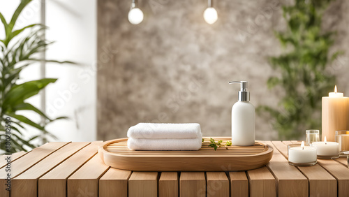 A wooden tray with white towels and a bottle of lotion sits on a table