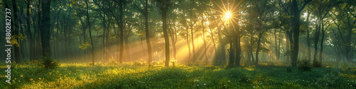 Idyllic Sunrise in Misty Forest with Sun Rays Illuminating Lush Greenery photo