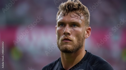 A focused portrait of a serious man against a blurred background
