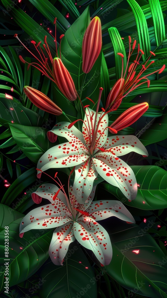 An illustration of tropical flowers and leaves with a dark green background
