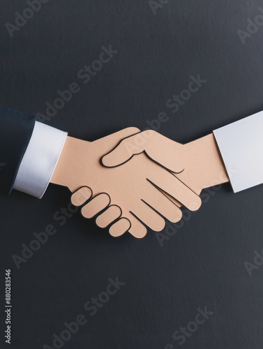 Paper cutout handshake icons with copy space, focus on objects, deep depth of field.