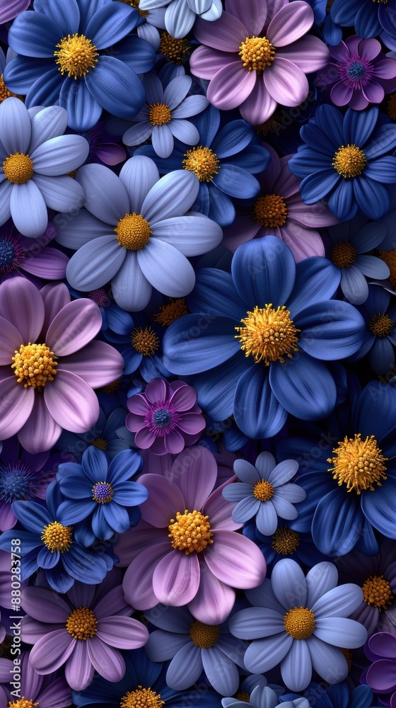 A vibrant display of purple and blue flowers in a garden A vibrant display of purple and blue flowers in a garden