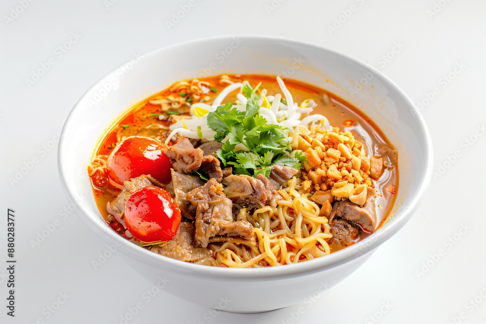a bowl of noodles with meat and vegetables