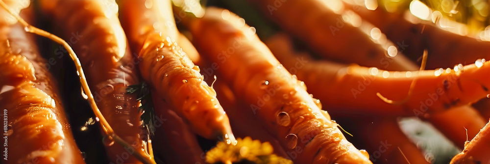 Fresh Organic Carrots with Dew Drops in Sunlight Close Up of Vibrant, Healthy Vegetables Fresh Organic Carrots with Dew Drops in Sunlight Close Up of Vibrant, Healthy Vegetables