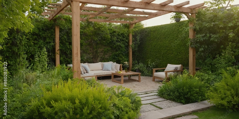 Obraz premium Pergola with outdoor and patio furniture for relaxing after a long day 