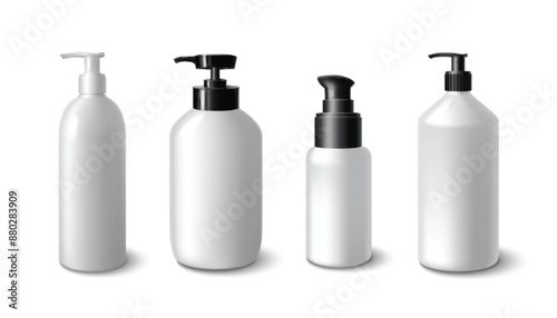 White plastic bottle mockup with pump cap for cosmetic or shampoo branding. Realistic 3d vector illustration set of liquid soap or lotion container with dispenser. Skincare and makeup product template