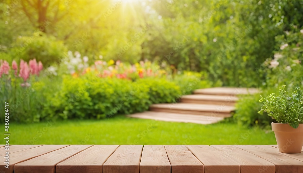 Empty wooden table with party in garden background blurred 191 Empty wooden table with party in garden background blurred 191