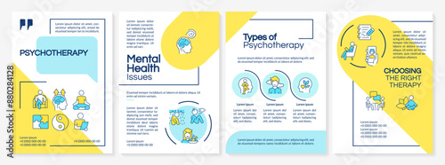 Types of psychotherapy blue and yellow brochure template. Leaflet design with linear icons. Editable 4 vector layouts for presentation, annual reports. Questrial, Lato-Regular fonts used
