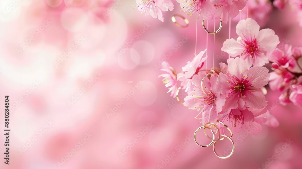 A whimsical pink pastel Valentine's background featuring golden rings suspended from a cherry blossom branch, adding a touch of spring with copy space. A whimsical pink pastel Valentine's background featuring golden rings suspended from a cherry blossom branch, adding a touch of spring with copy space.