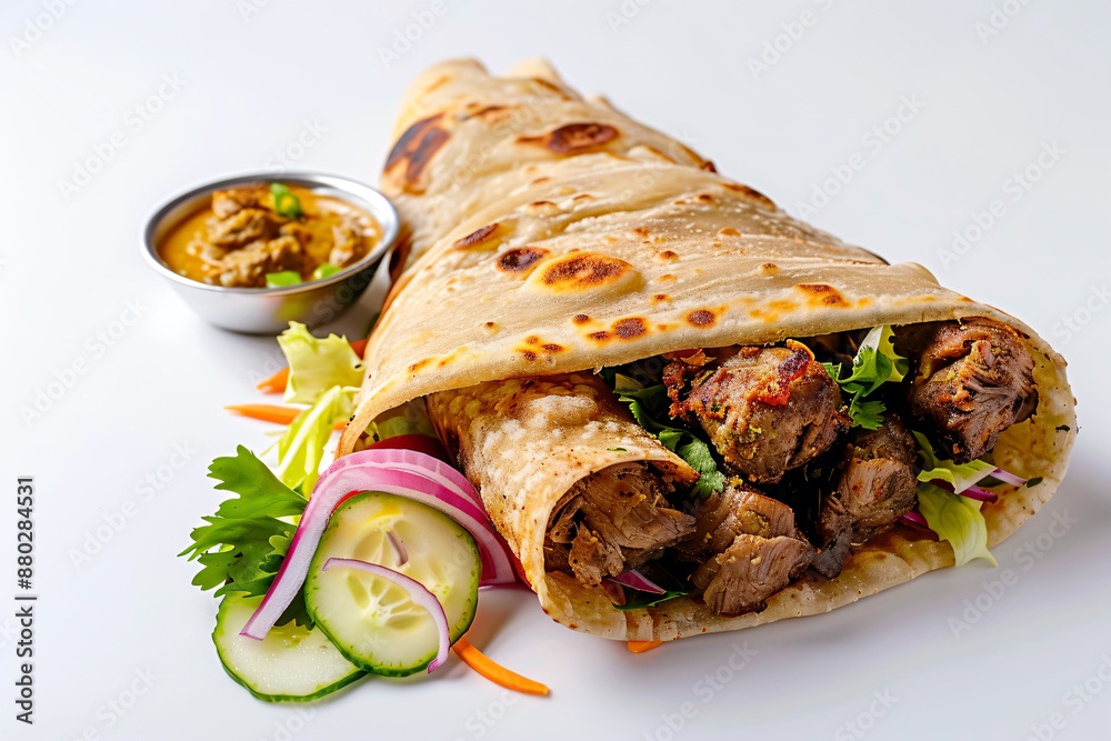 a burrito with meat and vegetables on a white plate a burrito with meat and vegetables on a white plate