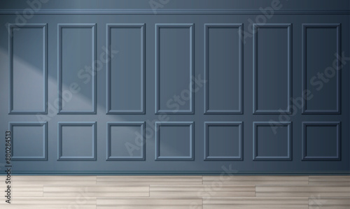 Home or office room interior design with classic panel, light and shadow on blue wall, wooden floor. Realistic 3d vector illustration background of traditional inside architecture molding decoration.