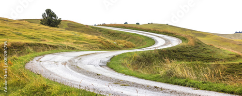 A scenic dirt path winds through lush green grass and bushes, evoking a sense of adventure and tranquility in nature.