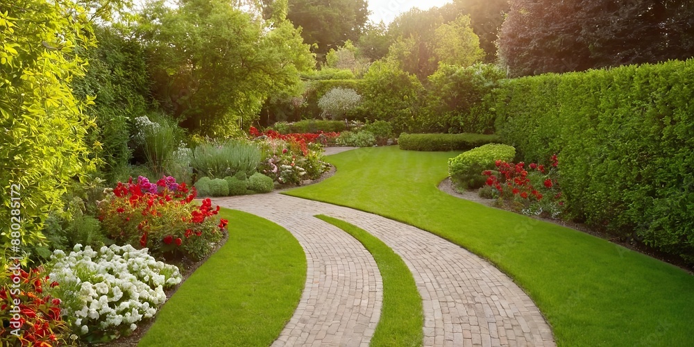 Obraz premium Lush garden with colorful flowers lining a winding pathway, nature, garden, pathway, flowers, blooming, colorful, beautiful 