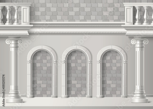 Building brick wall with white gypsum arch holes, roman columns and balcony railing. Realistic 3d vector vintage facade with classical Greek architecture elements. Luxury vintage palace exterior.