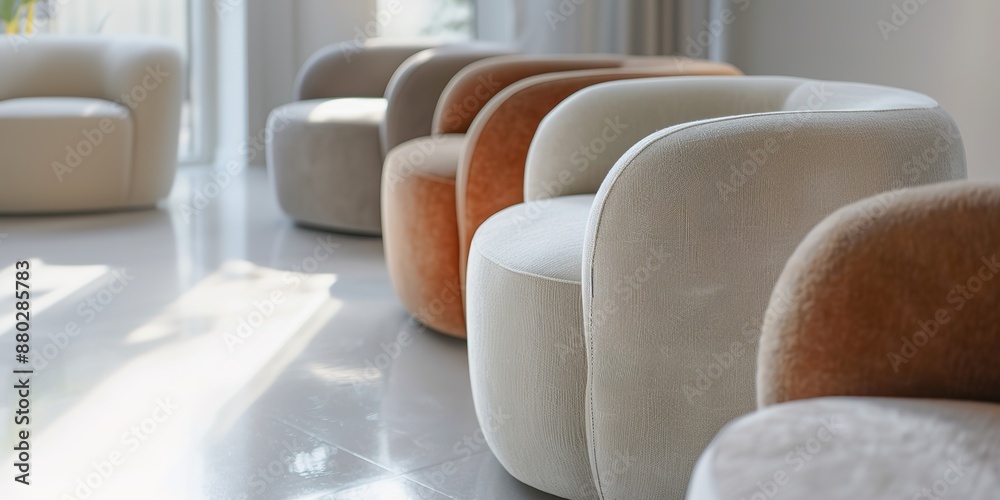 Obraz premium Row of cozy modern chairs in sunlight, gradient of warm colors.