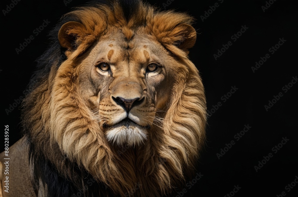 Close up portrait of lion king with magnificent mane isolated on black background Close up portrait of lion king with magnificent mane isolated on black background