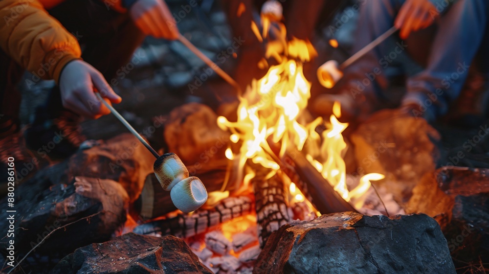 Fototapeta premium Detailed close-up of friends roasting marshmallows over a campfire, with the flames glowing warmly